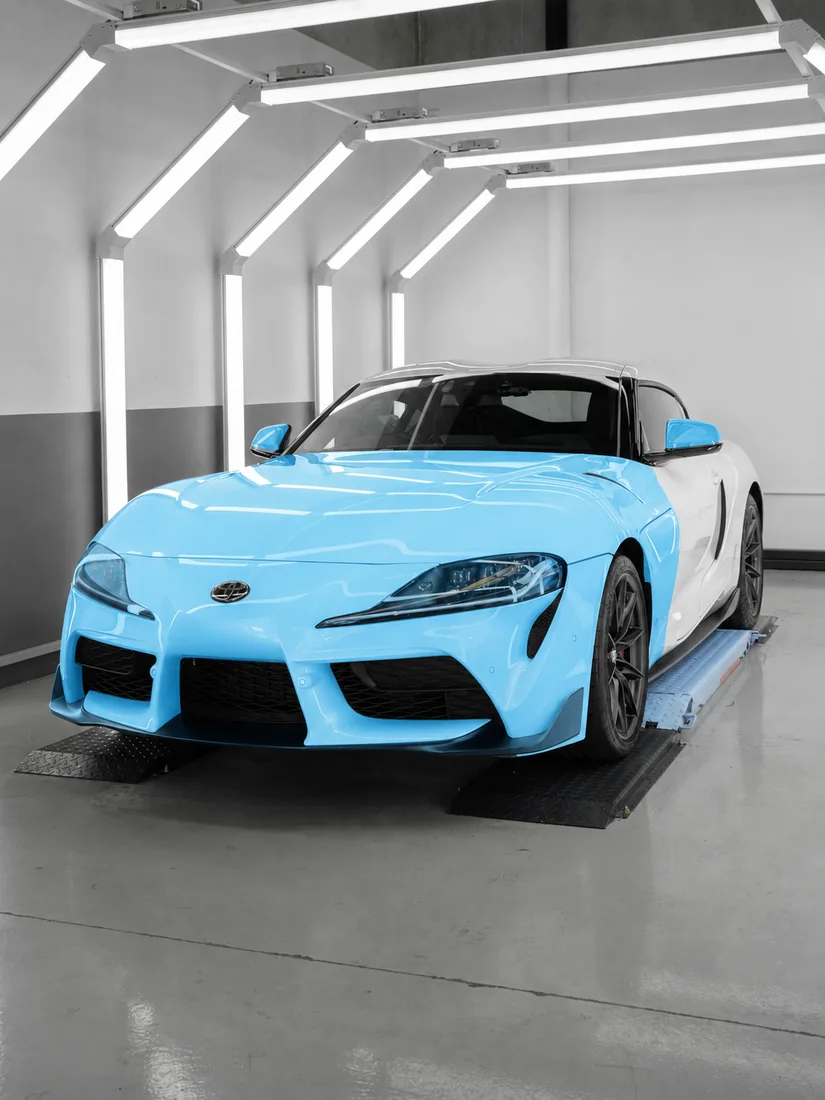 Toyota Supra with full front paint protection film coverage highlighted across the bonnet, front bar and fenders