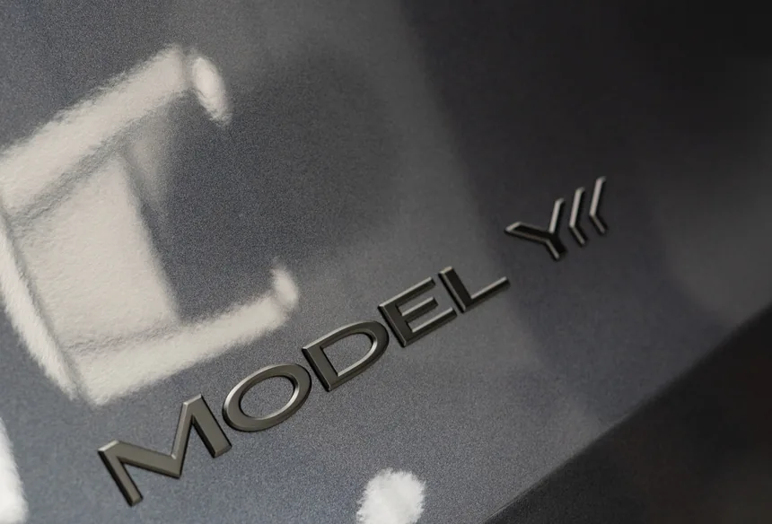 Model Y badge on a ceramic coated Tesla Model Y tailgate