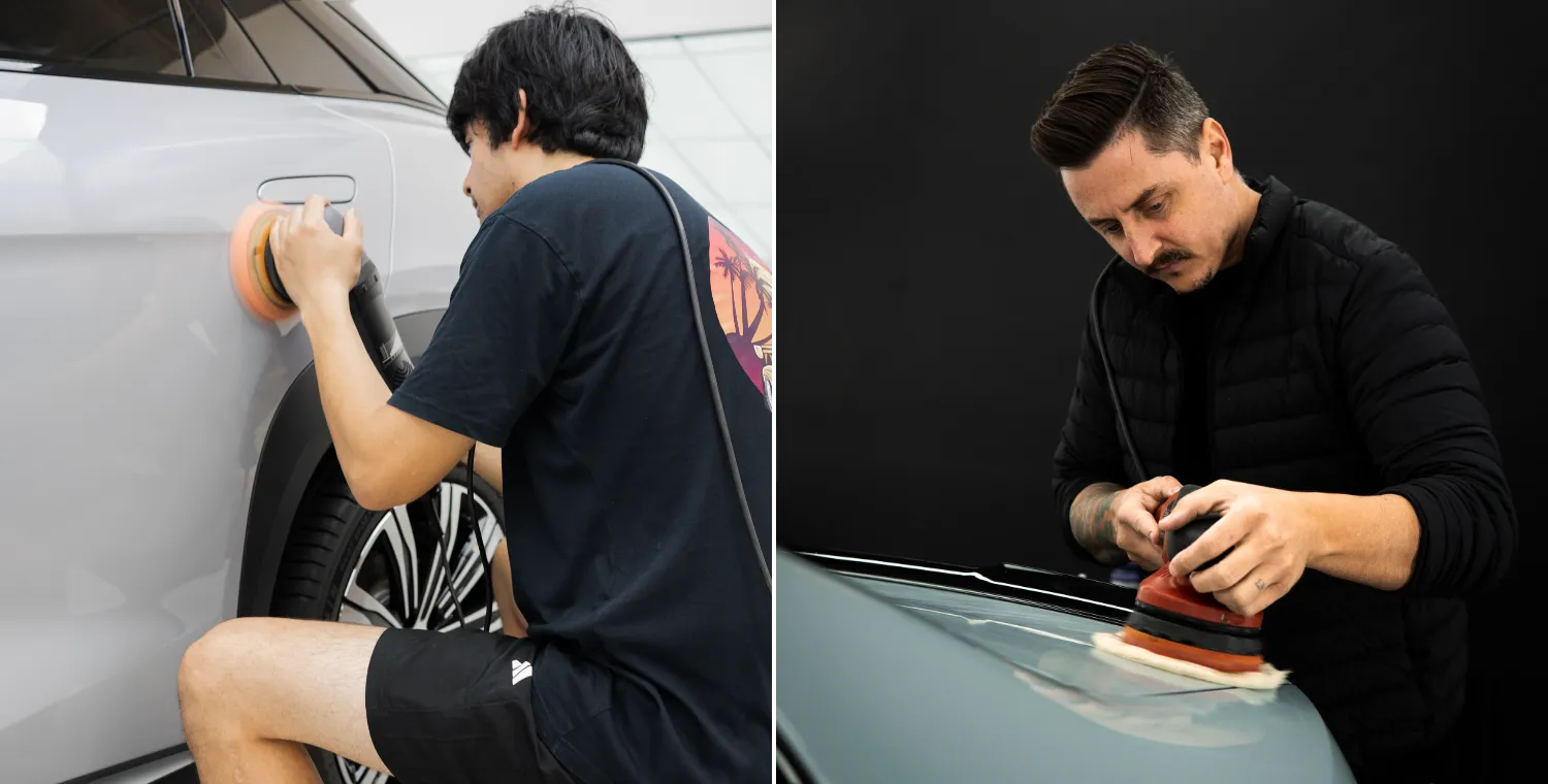 Machine polishing a rear quarter panel and a bonnet in the Deluxe Detail studio