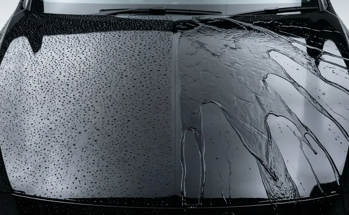 Water beading tightly on the ceramic coated half of a black bonnet while it sheets flat across the uncoated half