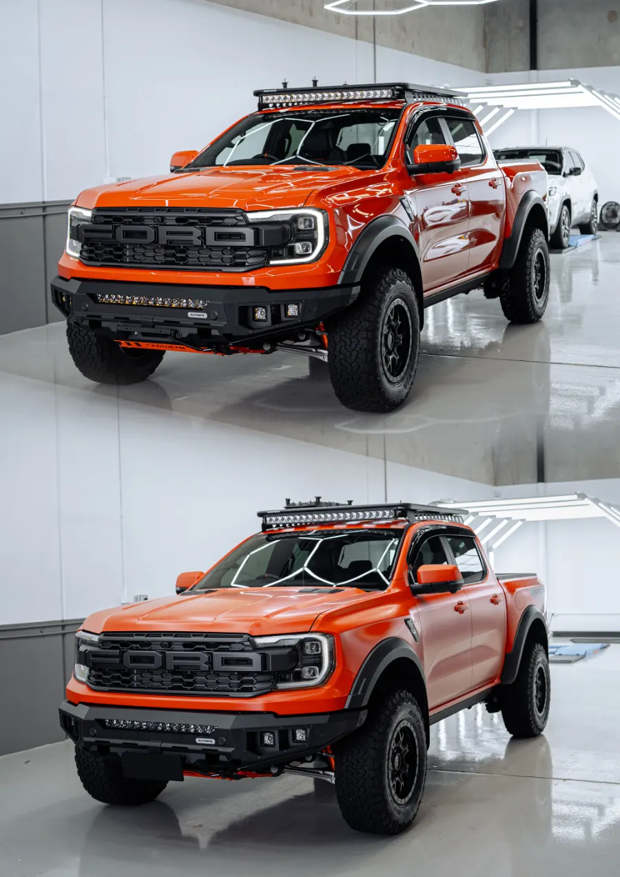 Ford Ranger Raptor shown in factory gloss above and satin PPF below