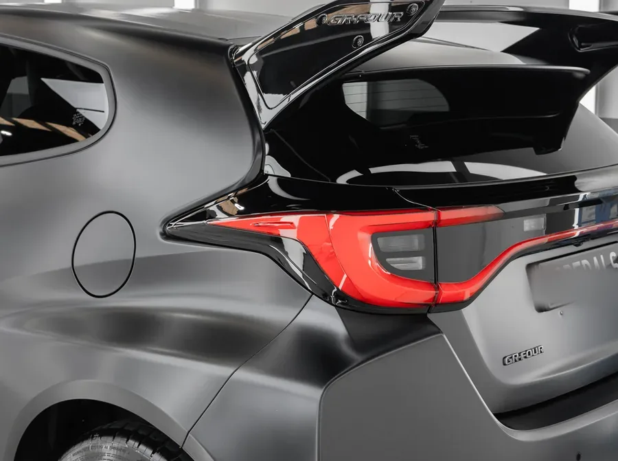 Satin PPF on a black Toyota GR Yaris rear quarter