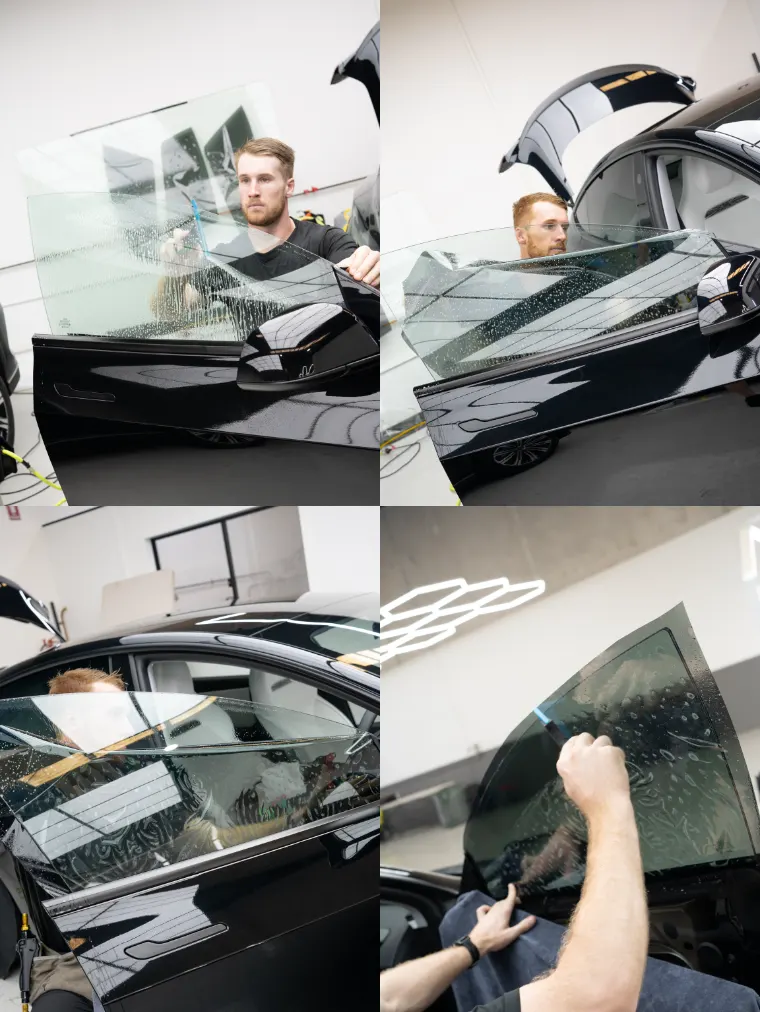 Ceramic window tint being fitted to door, quarter and rear glass at Deluxe Detail Brisbane